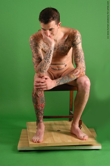Nude Man White Sitting poses - simple Slim Short Brown Realistic