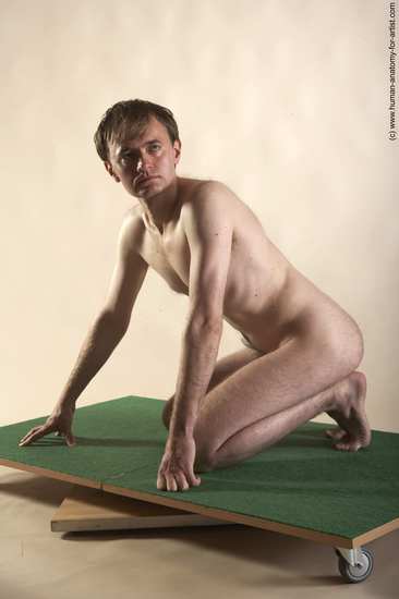 Nude Man White Kneeling poses - ALL Slim Short Brown Kneeling poses - on both knees Realistic