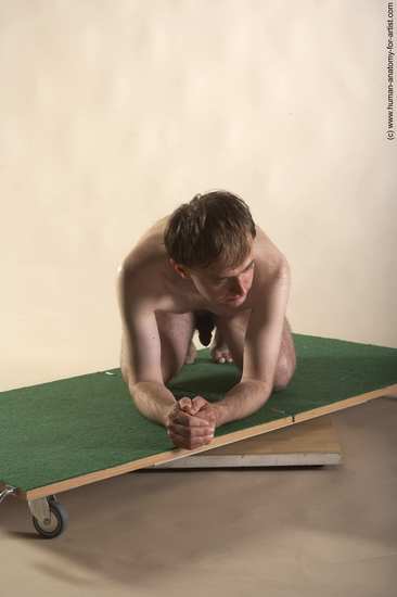 Nude Man White Kneeling poses - ALL Slim Short Brown Kneeling poses - on both knees Realistic