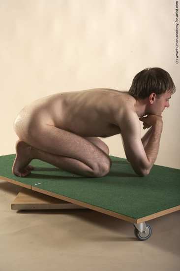 Nude Man White Kneeling poses - ALL Slim Short Brown Kneeling poses - on both knees Realistic