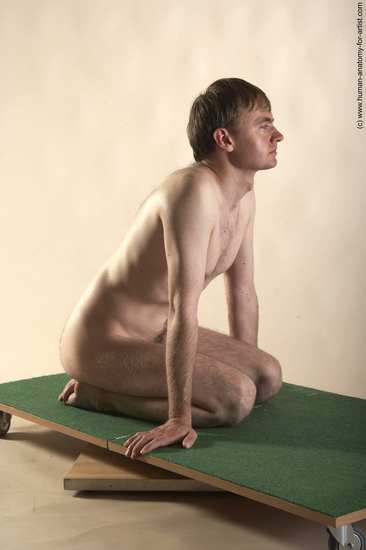 Nude Man White Kneeling poses - ALL Slim Short Brown Kneeling poses - on both knees Realistic