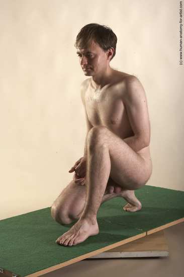 Nude Man White Kneeling poses - ALL Slim Short Brown Realistic