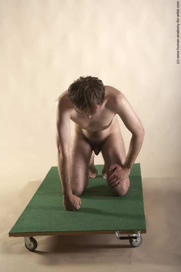 Nude Man White Kneeling poses - ALL Slim Short Brown Kneeling poses - on both knees Realistic