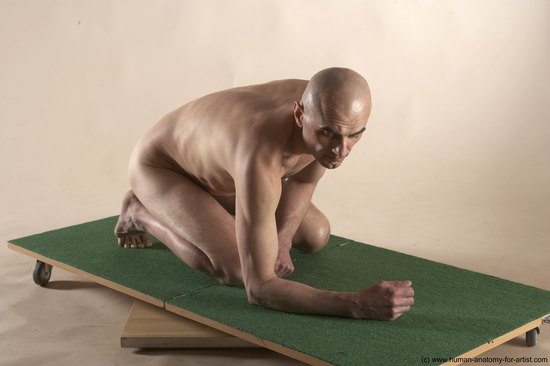 Nude Man White Kneeling poses - ALL Slim Bald Kneeling poses - on both knees Realistic