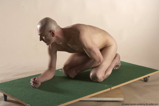 Nude Man White Kneeling poses - ALL Slim Bald Kneeling poses - on both knees Realistic