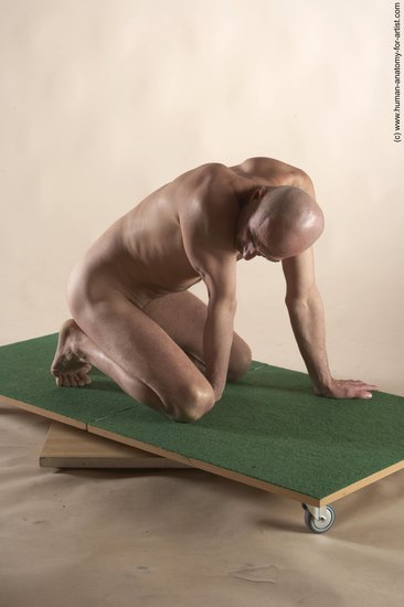 Nude Man White Kneeling poses - ALL Slim Bald Kneeling poses - on both knees Realistic