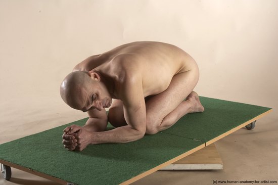 Nude Man White Kneeling poses - ALL Slim Bald Kneeling poses - on both knees Realistic