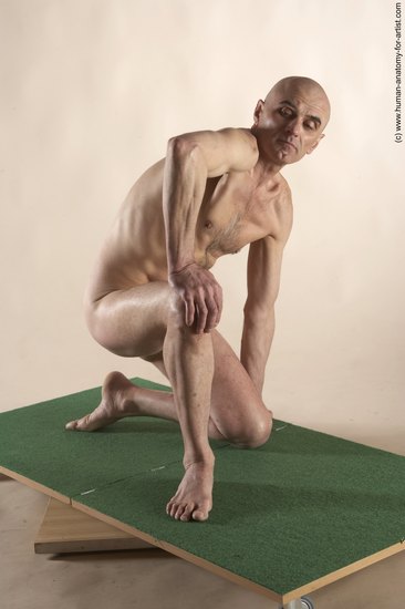 Nude Man White Kneeling poses - ALL Slim Bald Kneeling poses - on one knee Realistic