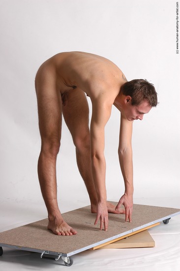 Nude Man White Standing poses - ALL Slim Short Brown Standing poses - bend over Realistic