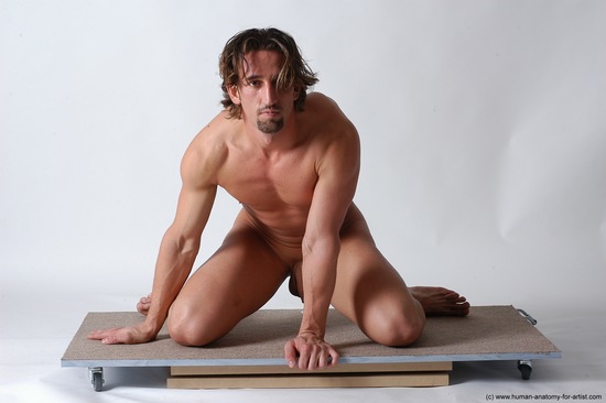 Nude Man White Kneeling poses - ALL Slim Short Brown Kneeling poses - on both knees Realistic