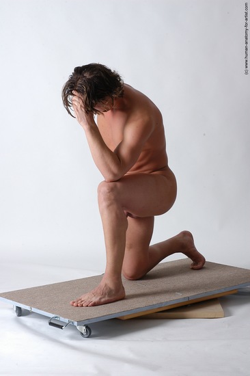 Nude Man White Kneeling poses - ALL Slim Short Brown Kneeling poses - on both knees Realistic