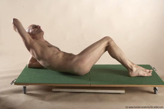 Nude Man White Laying poses - ALL Slim Bald Laying poses - on back Realistic