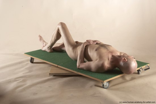 Nude Man White Laying poses - ALL Slim Bald Laying poses - on back Realistic