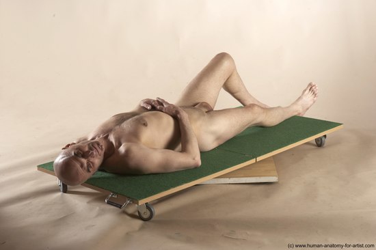 Nude Man White Laying poses - ALL Slim Bald Laying poses - on back Realistic