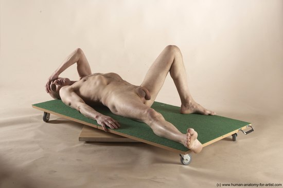 Nude Man White Laying poses - ALL Slim Bald Laying poses - on back Realistic