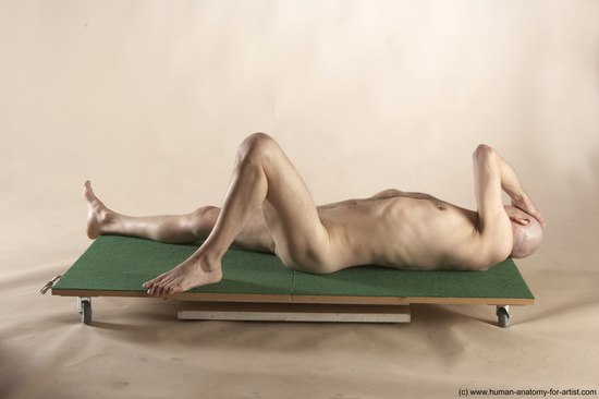 Nude Man White Laying poses - ALL Slim Bald Laying poses - on back Realistic