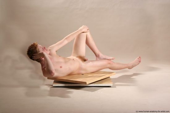 Nude Man White Laying poses - ALL Slim Short Red Laying poses - on side Realistic