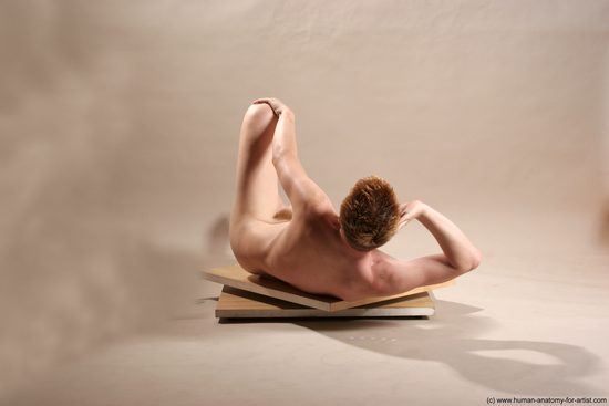 Nude Man White Laying poses - ALL Slim Short Red Laying poses - on side Realistic