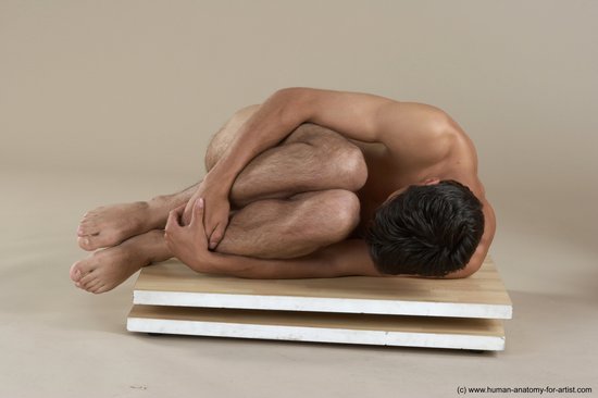 Nude Man White Laying poses - ALL Slim Short Brown Laying poses - on side Realistic