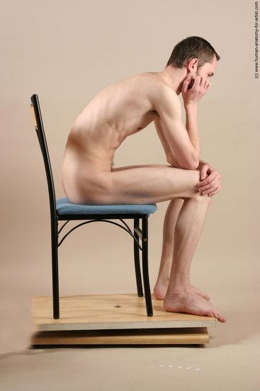 Nude Man White Sitting poses - simple Underweight Short Brown Sitting poses - ALL Realistic