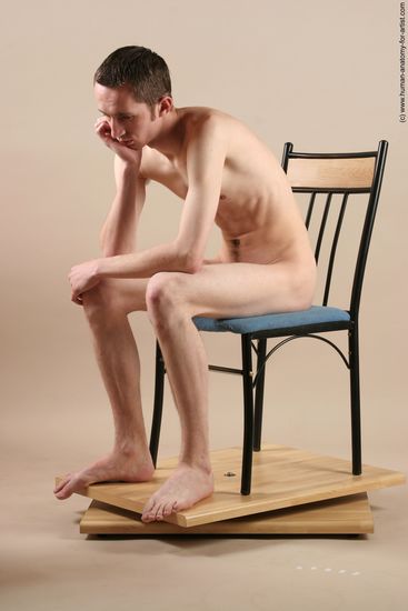 Nude Man White Sitting poses - simple Underweight Short Brown Sitting poses - ALL Realistic