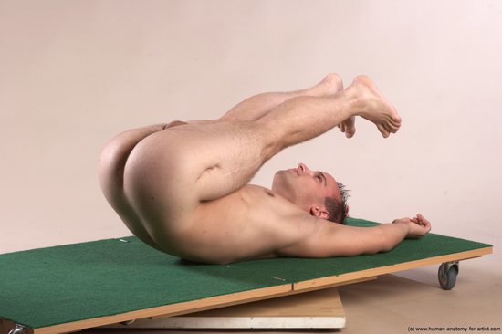 Nude Man White Laying poses - ALL Slim Short Brown Laying poses - on back Realistic