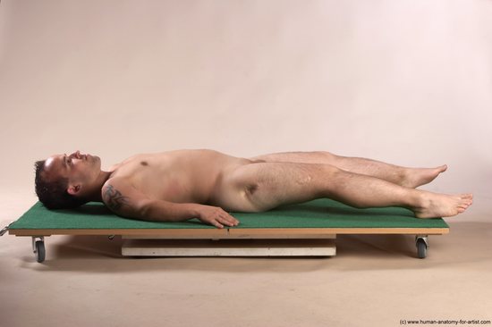 Nude Man White Laying poses - ALL Slim Short Brown Laying poses - on back Realistic