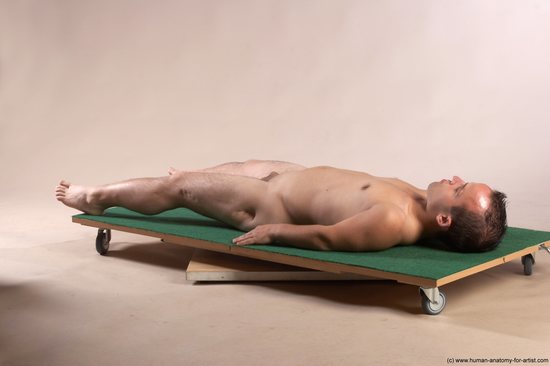 Nude Man White Laying poses - ALL Slim Short Brown Laying poses - on back Realistic