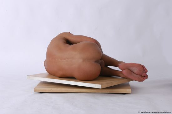 Nude Man White Laying poses - ALL Slim Short Brown Laying poses - on side Realistic