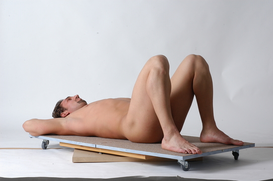 Nude Man White Laying poses - ALL Slim Short Brown Laying poses - on back Realistic