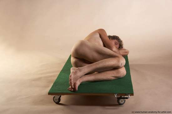 Nude Man White Laying poses - ALL Slim Short Brown Laying poses - on side Realistic