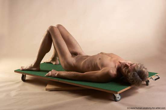 Nude Man White Laying poses - ALL Slim Short Brown Laying poses - on back Realistic