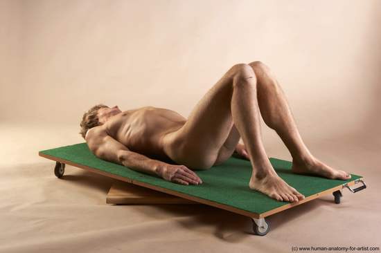 Nude Man White Laying poses - ALL Slim Short Brown Laying poses - on back Realistic