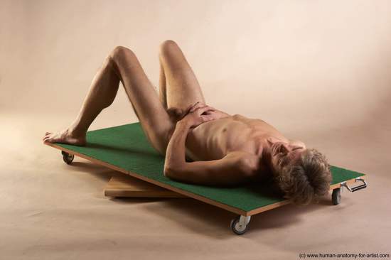 Nude Man White Laying poses - ALL Slim Short Brown Laying poses - on back Realistic