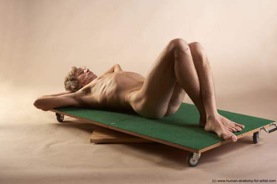 Nude Man White Laying poses - ALL Slim Short Brown Laying poses - on back Realistic