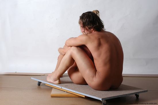 Nude Woman - Man White Laying poses - ALL Slim Short Brown Laying poses - on back Realistic