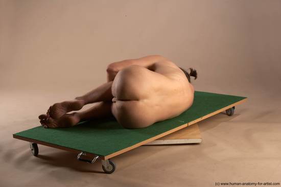 Nude Man White Laying poses - ALL Slim Short Brown Laying poses - on side Realistic