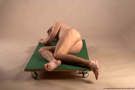 Nude Man White Laying poses - ALL Slim Short Brown Laying poses - on side Realistic