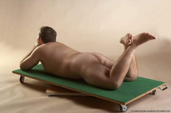 Nude Man White Laying poses - ALL Overweight Short Brown Laying poses - on back Realistic