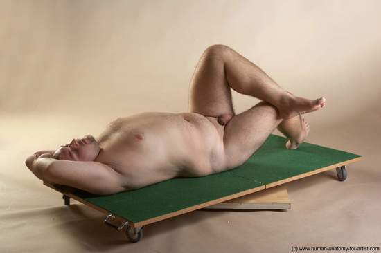 Nude Man White Laying poses - ALL Overweight Short Brown Laying poses - on back Realistic