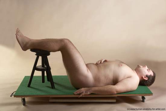 Nude Man White Laying poses - ALL Overweight Short Brown Laying poses - on back Realistic