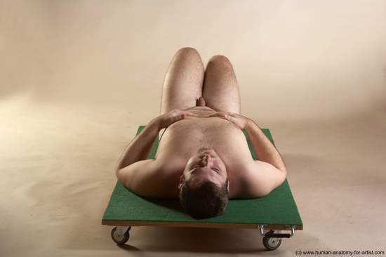 Nude Man White Laying poses - ALL Overweight Short Brown Laying poses - on back Realistic