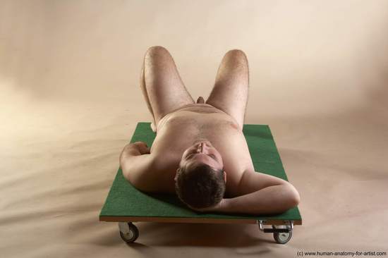 Nude Man White Laying poses - ALL Overweight Short Brown Laying poses - on back Realistic