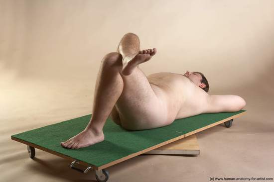 Nude Man White Laying poses - ALL Overweight Short Brown Laying poses - on back Realistic