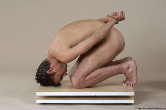 Nude Man White Kneeling poses - ALL Slim Short Kneeling poses - on both knees Black Realistic