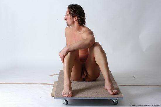 Nude Man White Sitting poses - simple Slim Short Brown Sitting poses - ALL Realistic