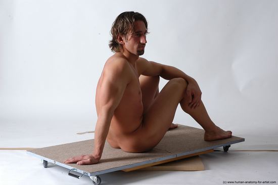 Nude Man White Sitting poses - simple Slim Short Brown Sitting poses - ALL Realistic