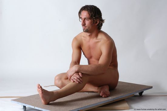 Nude Man White Sitting poses - simple Slim Short Brown Sitting poses - ALL Realistic