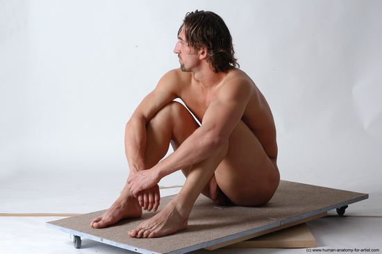 Nude Man White Sitting poses - simple Slim Short Brown Sitting poses - ALL Realistic