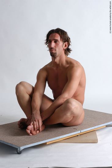 Nude Man White Sitting poses - simple Slim Short Brown Sitting poses - ALL Realistic